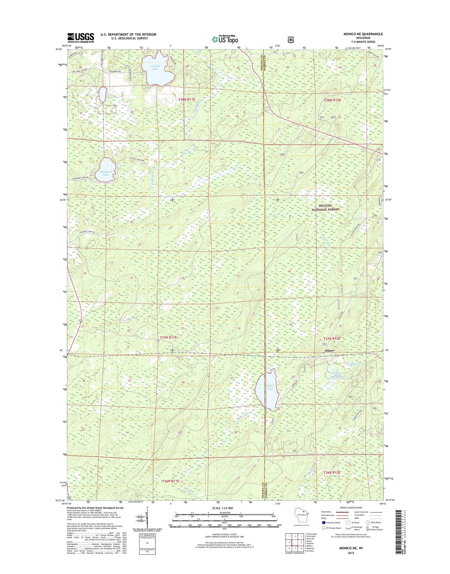 Monico NE Wisconsin US Topo Map Image