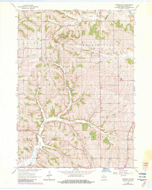 Classic USGS Monroe NW Wisconsin 7.5'x7.5' Topo Map Image