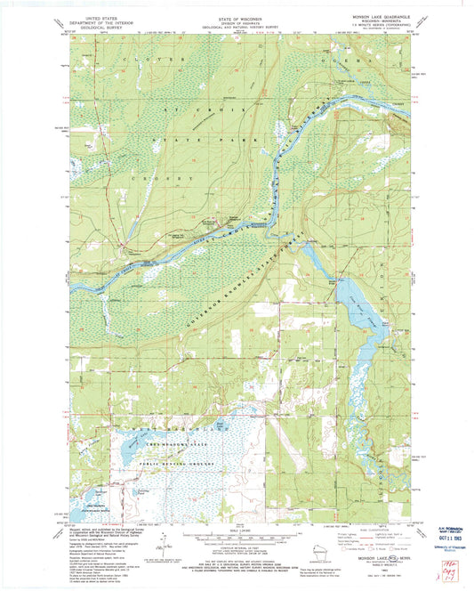 Classic USGS Monson Lake Wisconsin 7.5'x7.5' Topo Map Image