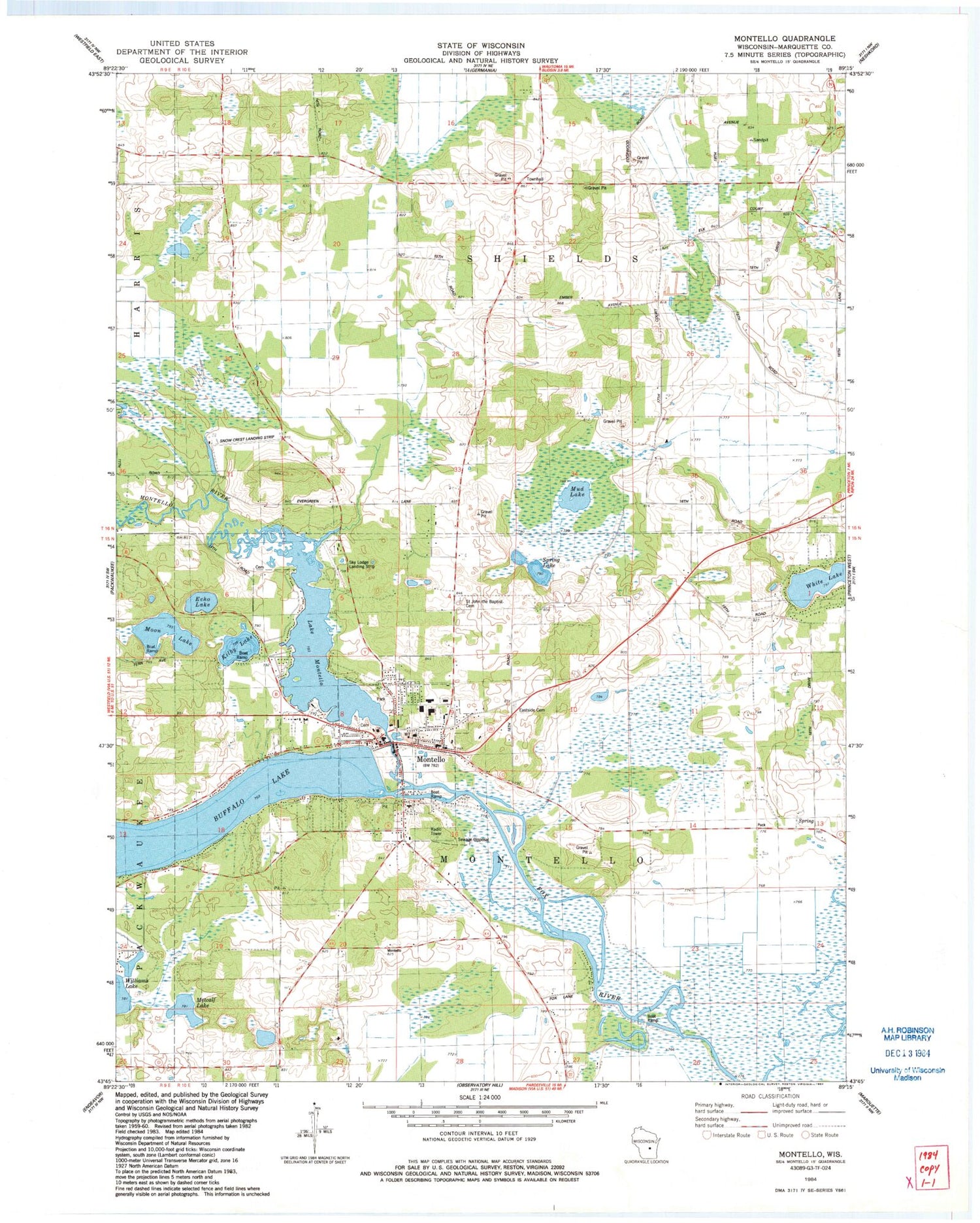 Classic USGS Montello Wisconsin 7.5'x7.5' Topo Map Image