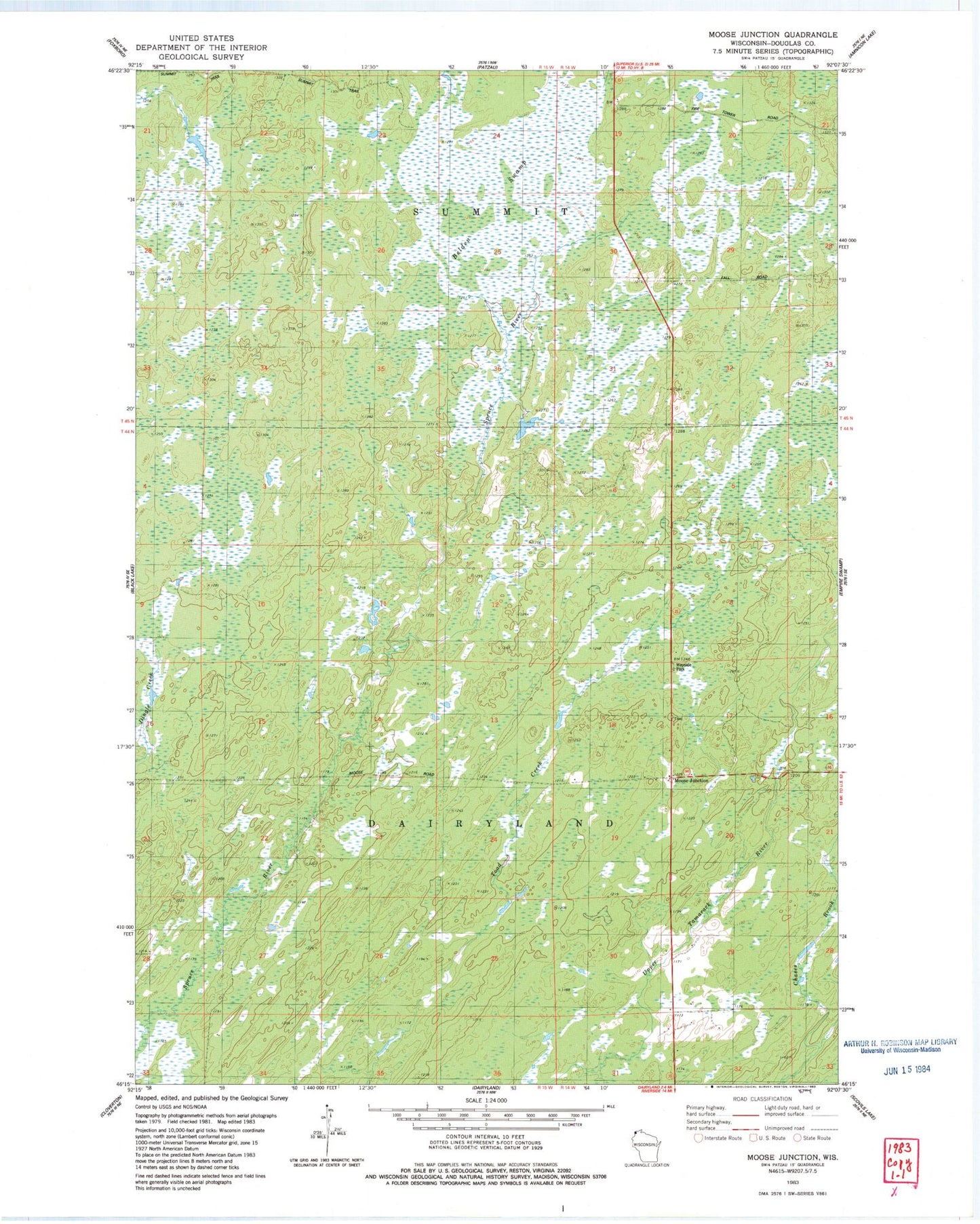Classic USGS Moose Junction Wisconsin 7.5'x7.5' Topo Map Image