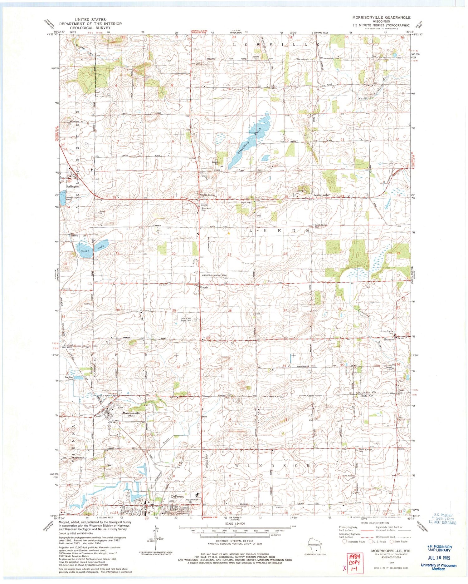 Classic USGS Morrisonville Wisconsin 7.5'x7.5' Topo Map Image