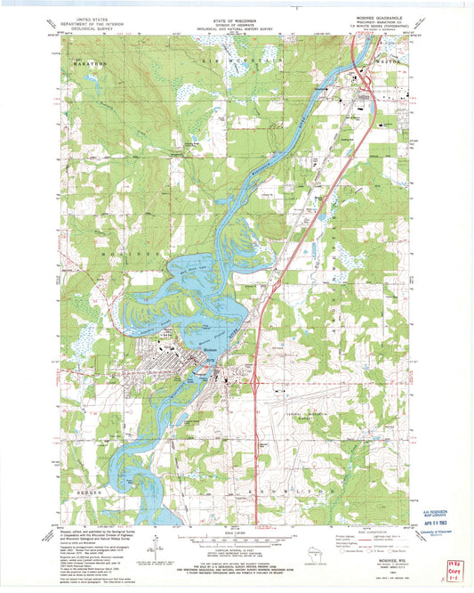 Classic USGS Mosinee Wisconsin 7.5'x7.5' Topo Map Image