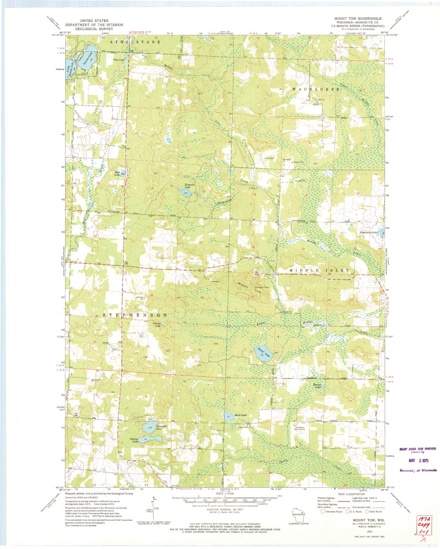 Classic USGS Mount Tom Wisconsin 7.5'x7.5' Topo Map Image
