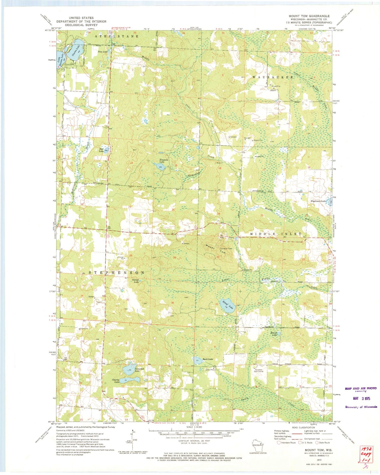 Classic USGS Mount Tom Wisconsin 7.5'x7.5' Topo Map Image