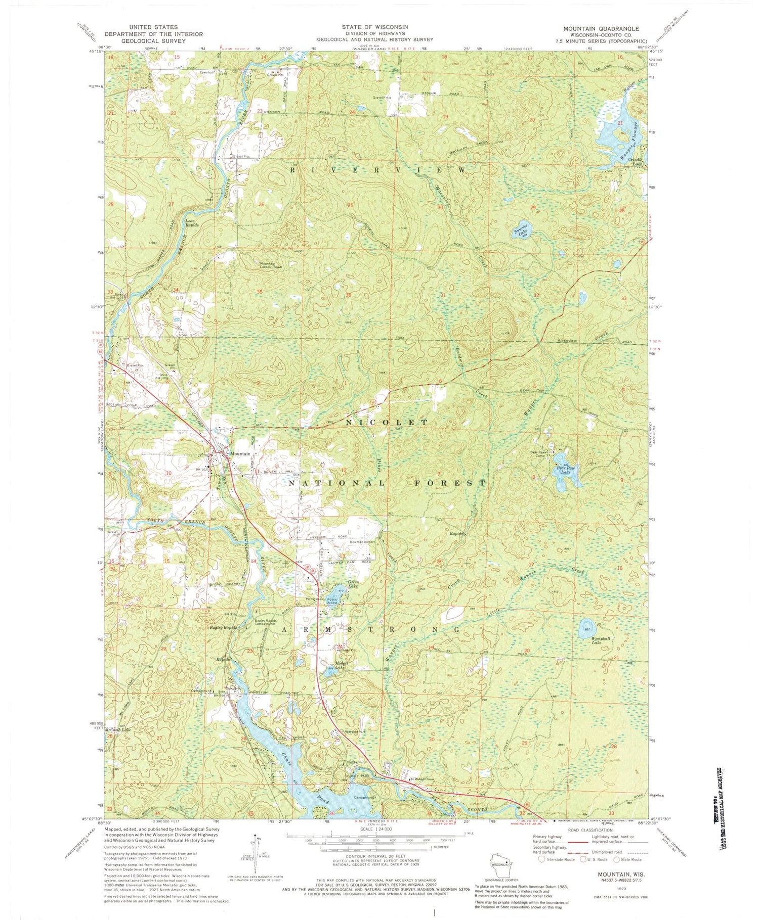 Classic USGS Mountain Wisconsin 7.5'x7.5' Topo Map Image