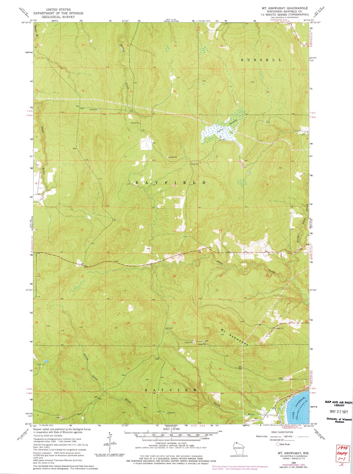 Classic USGS Mount Ashwabay Wisconsin 7.5'x7.5' Topo Map Image