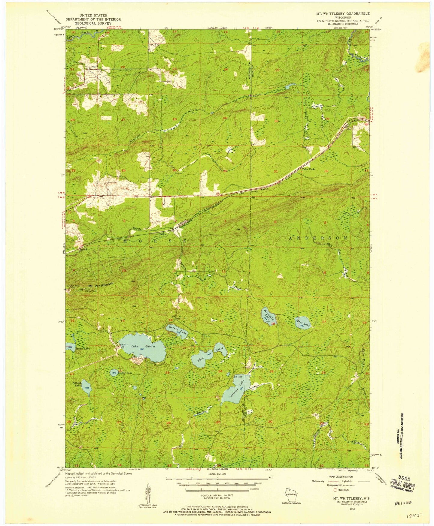 Classic USGS Mount Whittlesey Wisconsin 7.5'x7.5' Topo Map Image