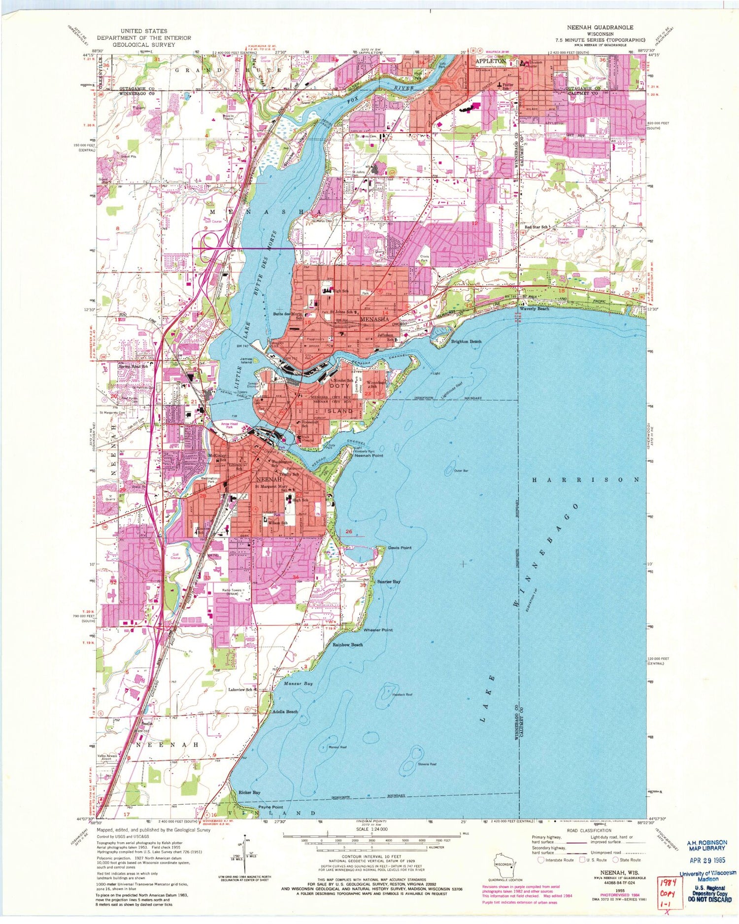 Classic USGS Neenah Wisconsin 7.5'x7.5' Topo Map Image