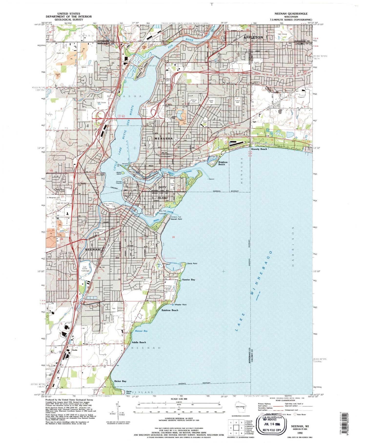Classic USGS Neenah Wisconsin 7.5'x7.5' Topo Map Image
