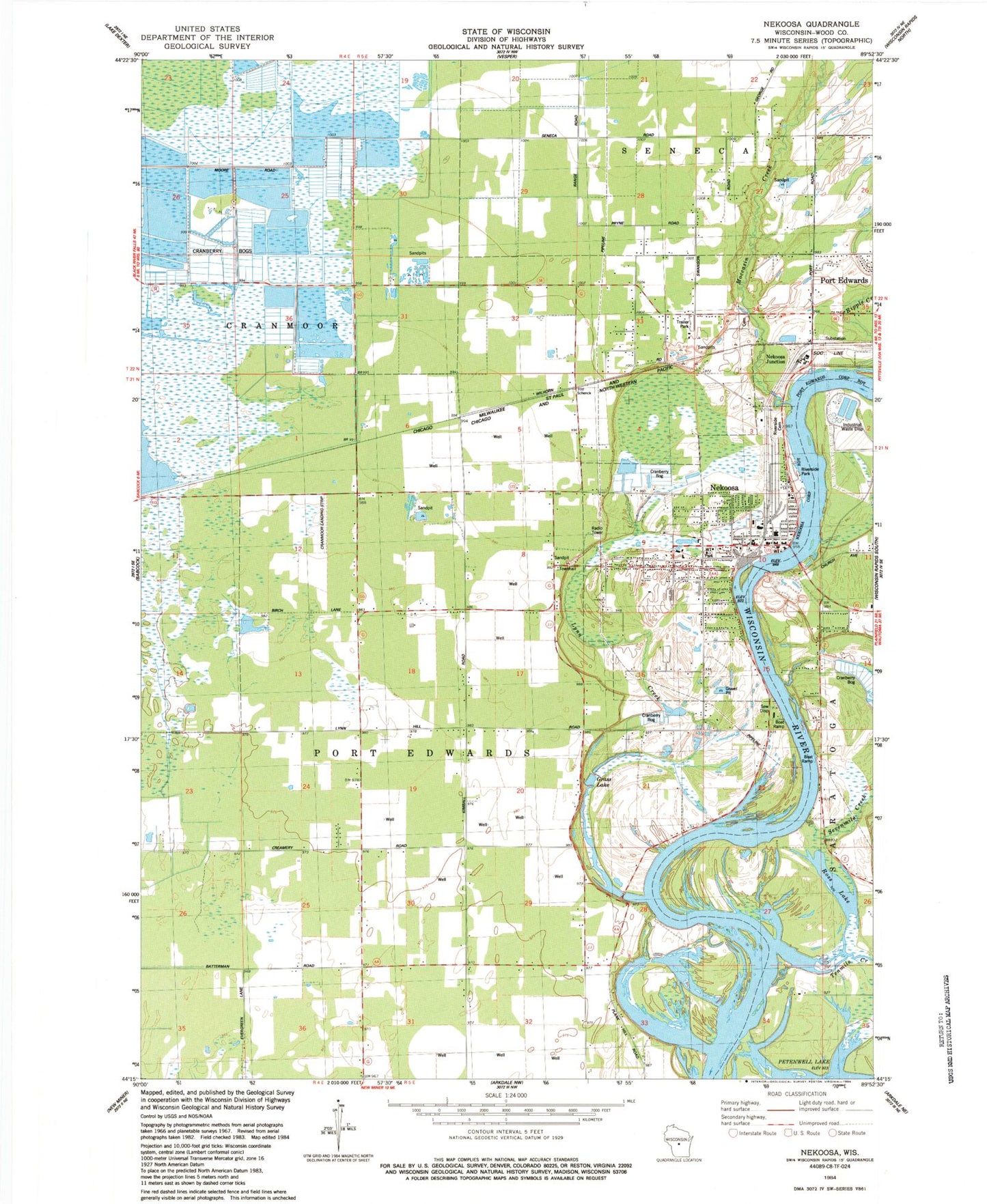 Classic USGS Nekoosa Wisconsin 7.5'x7.5' Topo Map Image