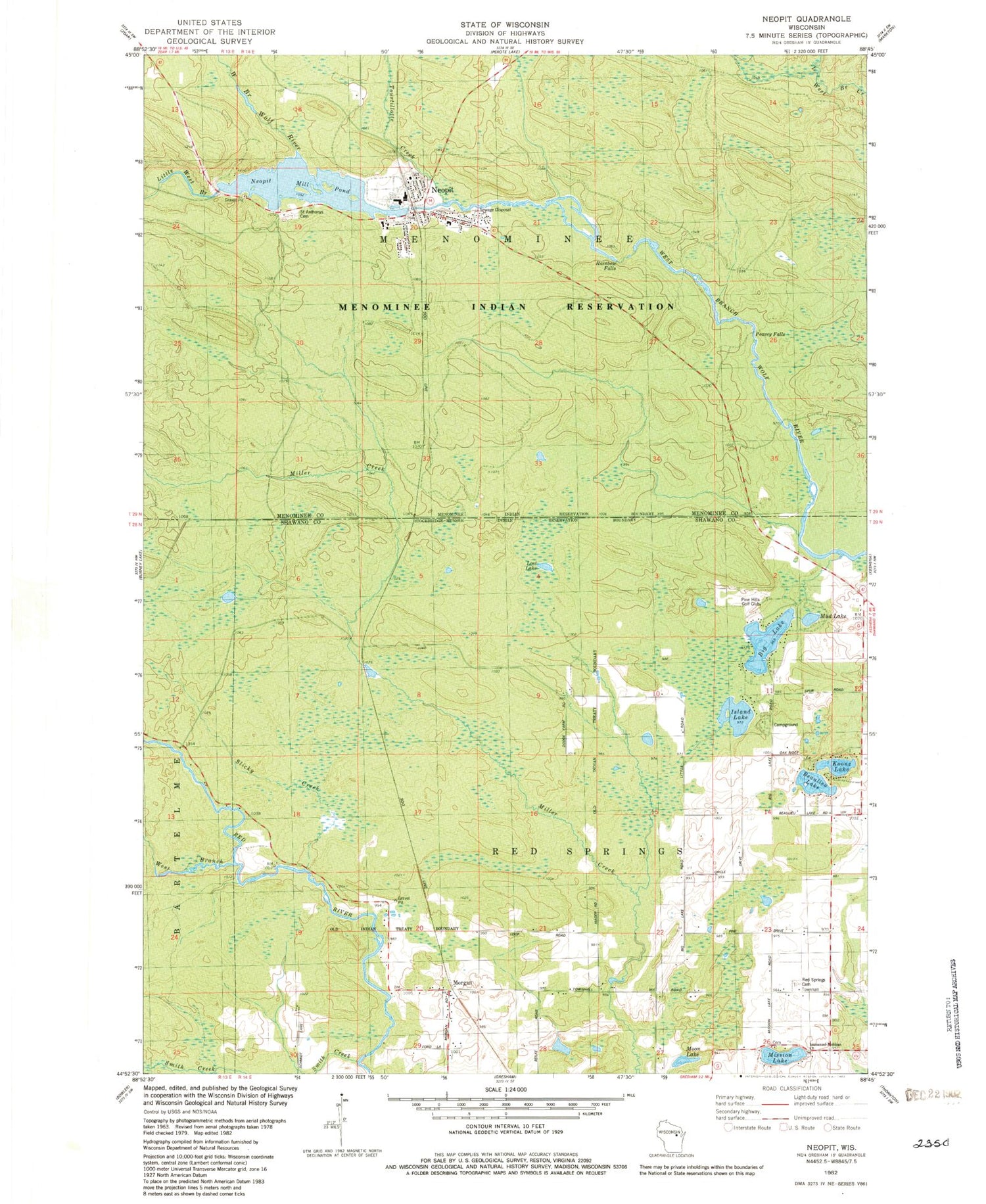 Classic USGS Neopit Wisconsin 7.5'x7.5' Topo Map Image