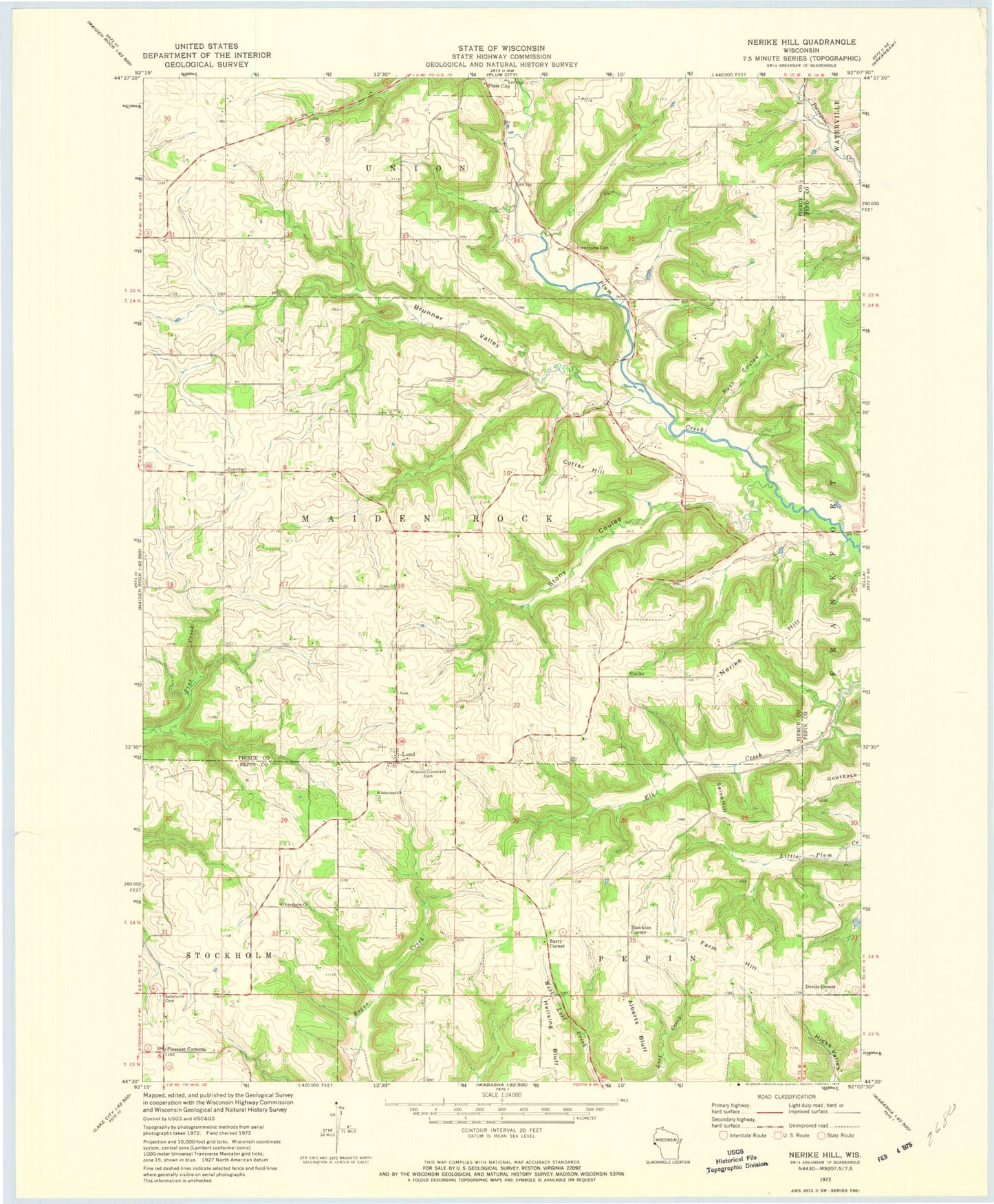 Classic USGS Nerike Hill Wisconsin 7.5'x7.5' Topo Map Image