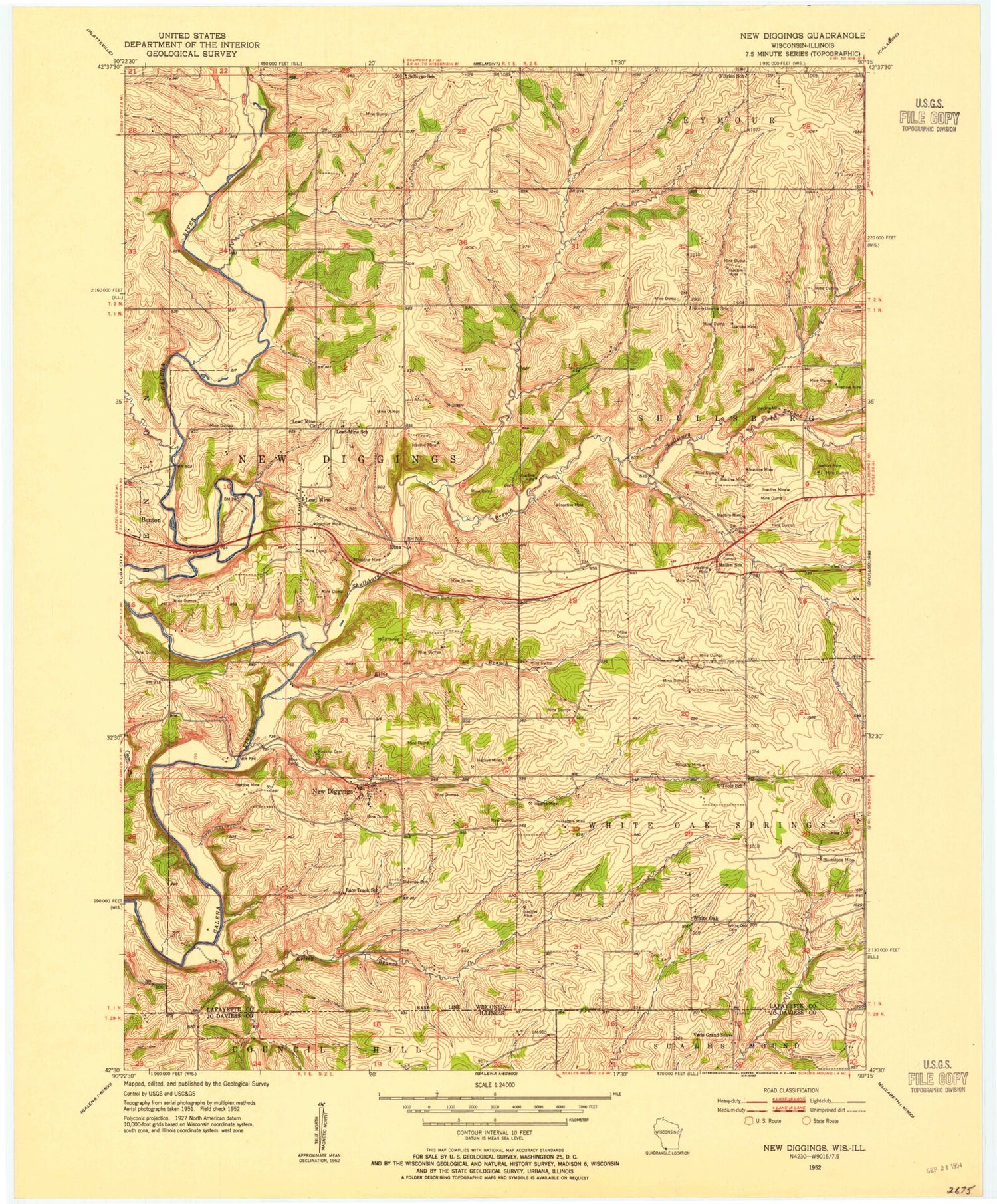 Classic USGS New Diggings Wisconsin 7.5'x7.5' Topo Map Image