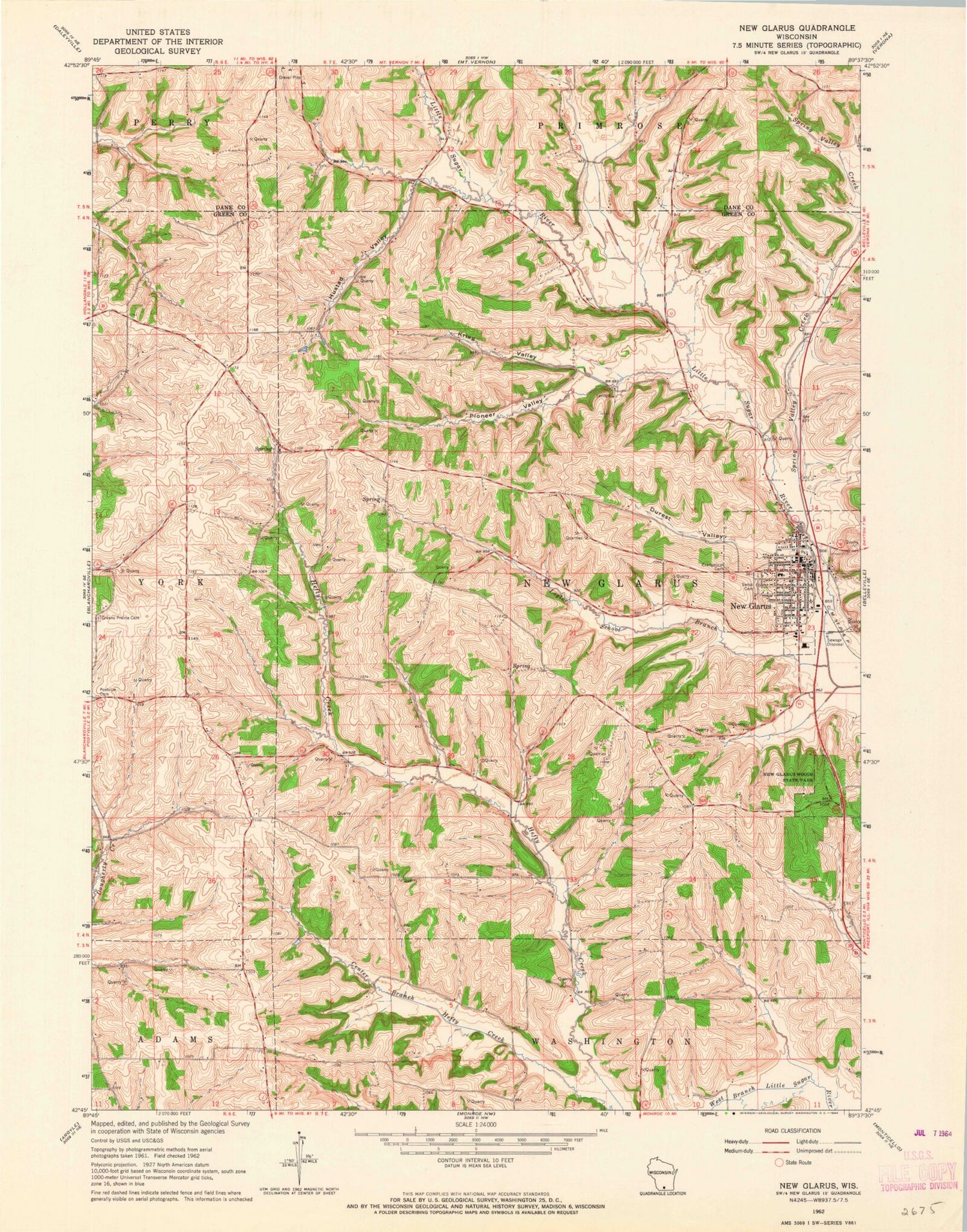 Classic USGS New Glarus Wisconsin 7.5'x7.5' Topo Map Image
