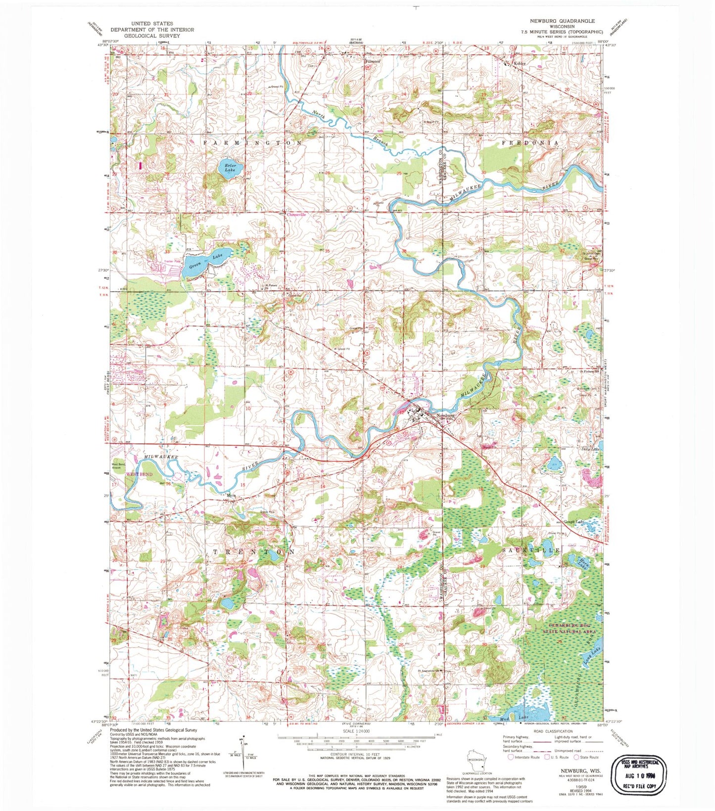 Classic USGS Newburg Wisconsin 7.5'x7.5' Topo Map Image