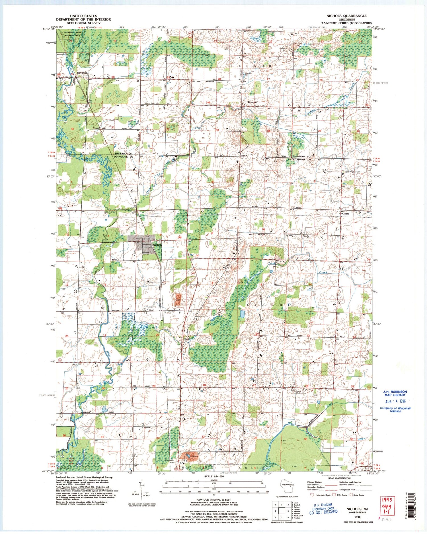 Classic USGS Nichols Wisconsin 7.5'x7.5' Topo Map Image