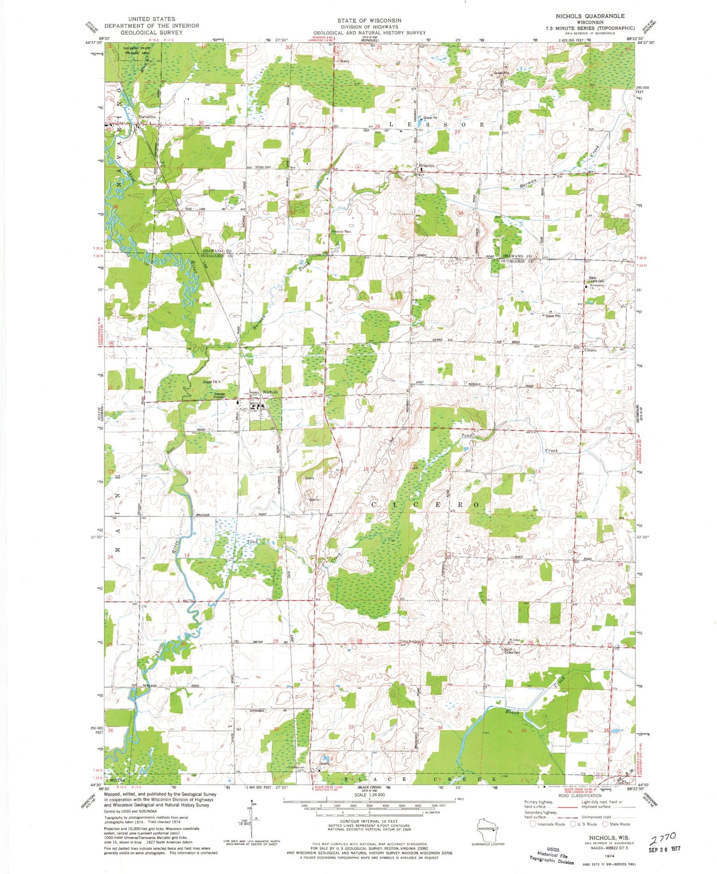 Classic USGS Nichols Wisconsin 7.5'x7.5' Topo Map Image