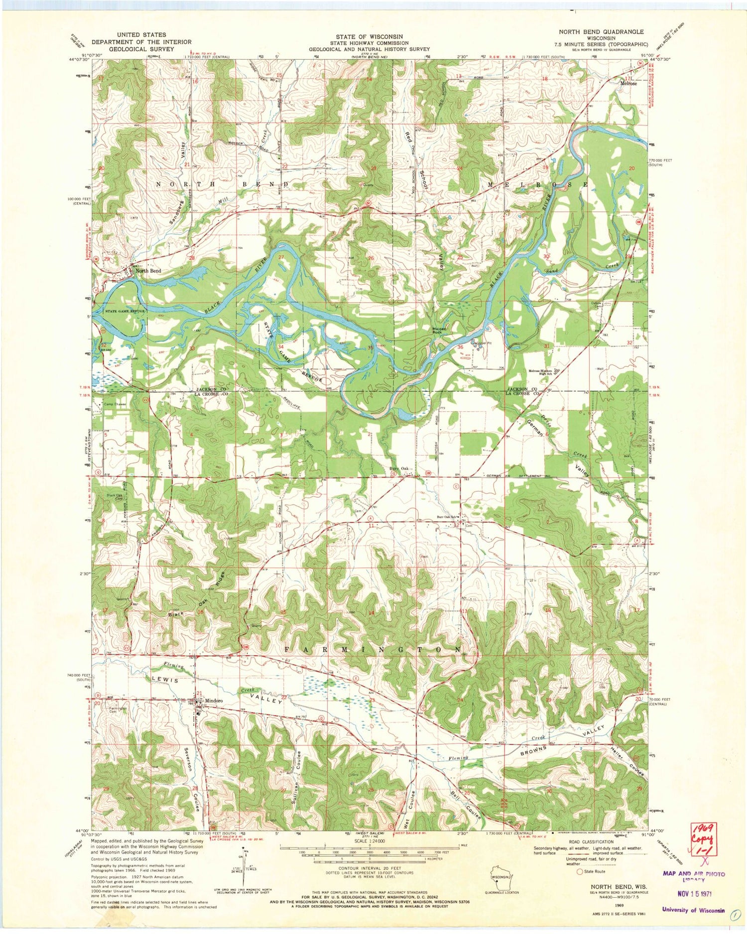 Classic USGS North Bend Wisconsin 7.5'x7.5' Topo Map Image