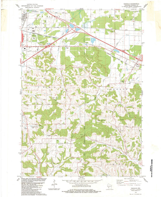 Classic USGS Oakdale Wisconsin 7.5'x7.5' Topo Map Image