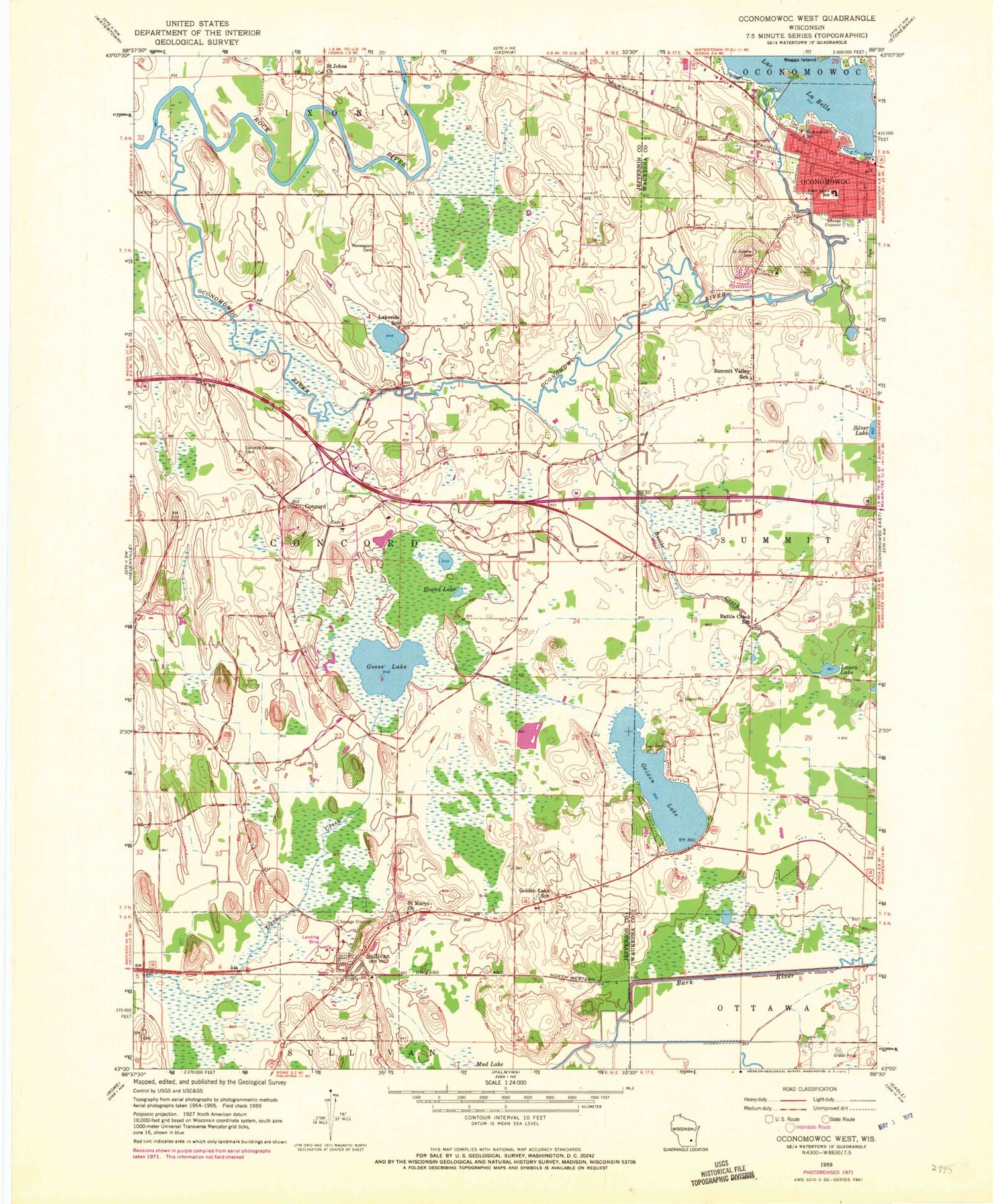 Classic USGS Oconomowoc West Wisconsin 7.5'x7.5' Topo Map Image