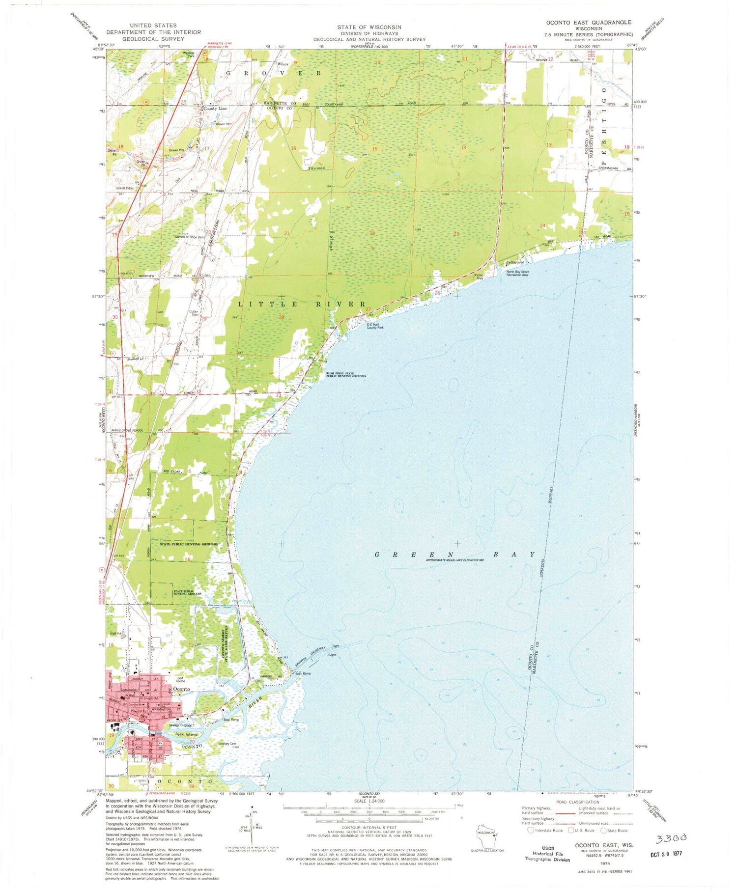 Classic USGS Oconto East Wisconsin 7.5'x7.5' Topo Map Image