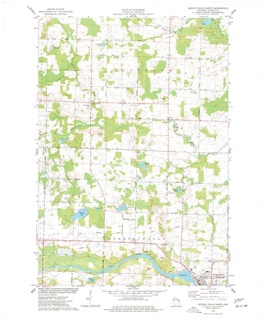 Classic USGS Oconto Falls North Wisconsin 7.5'x7.5' Topo Map Image