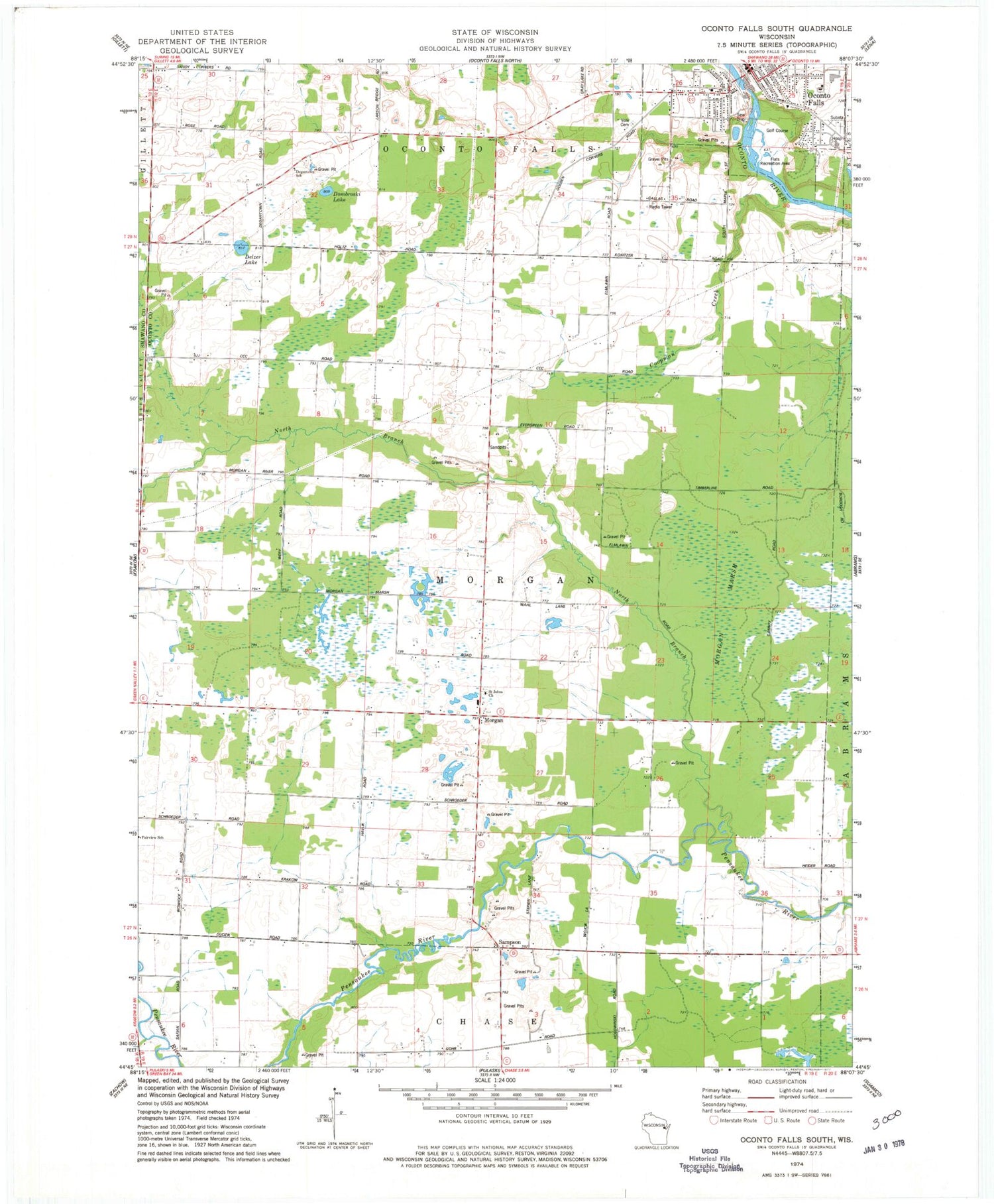 Classic USGS Oconto Falls South Wisconsin 7.5'x7.5' Topo Map Image