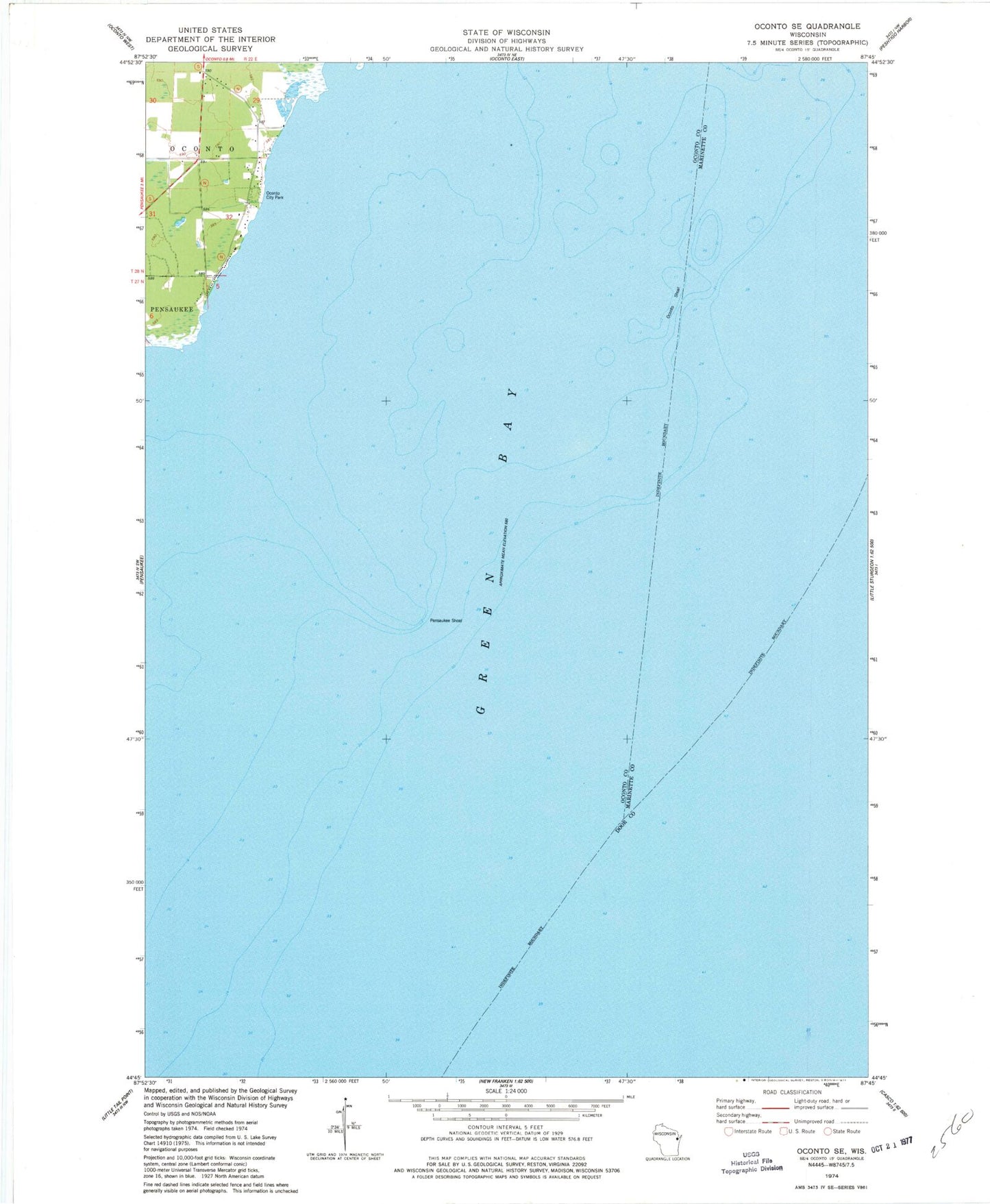 Classic USGS Oconto SE Wisconsin 7.5'x7.5' Topo Map Image