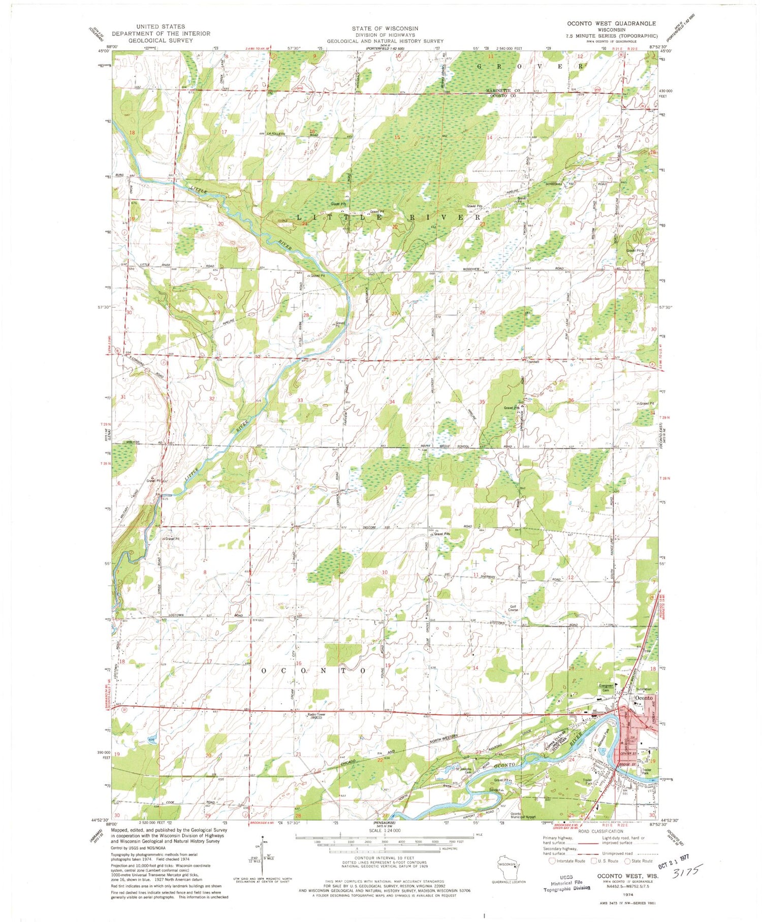 Classic USGS Oconto West Wisconsin 7.5'x7.5' Topo Map Image