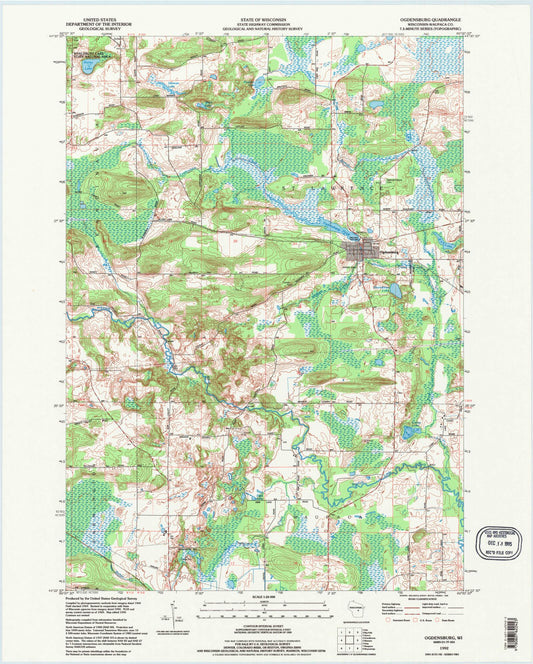 Classic USGS Ogdensburg Wisconsin 7.5'x7.5' Topo Map Image