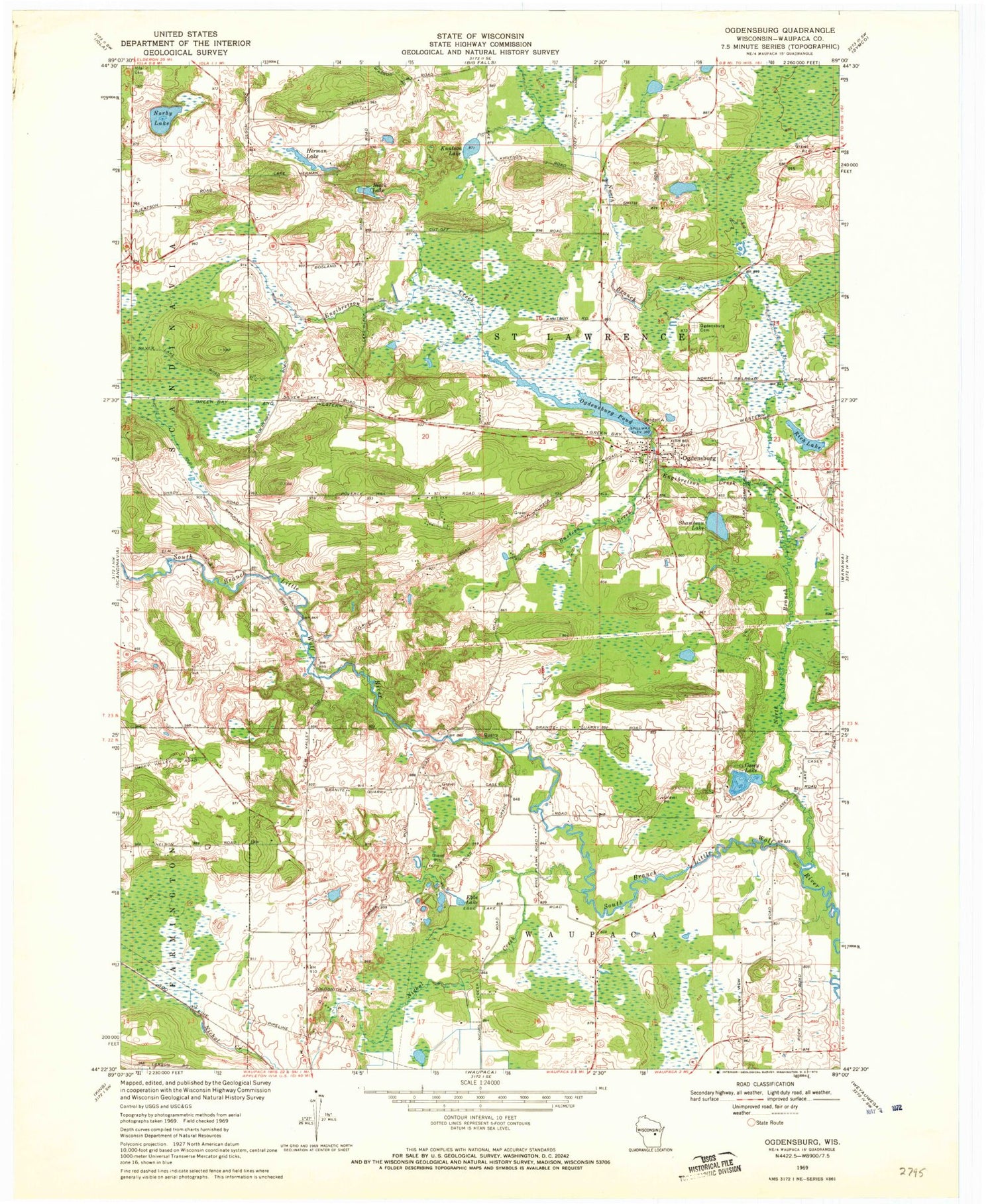Classic USGS Ogdensburg Wisconsin 7.5'x7.5' Topo Map Image