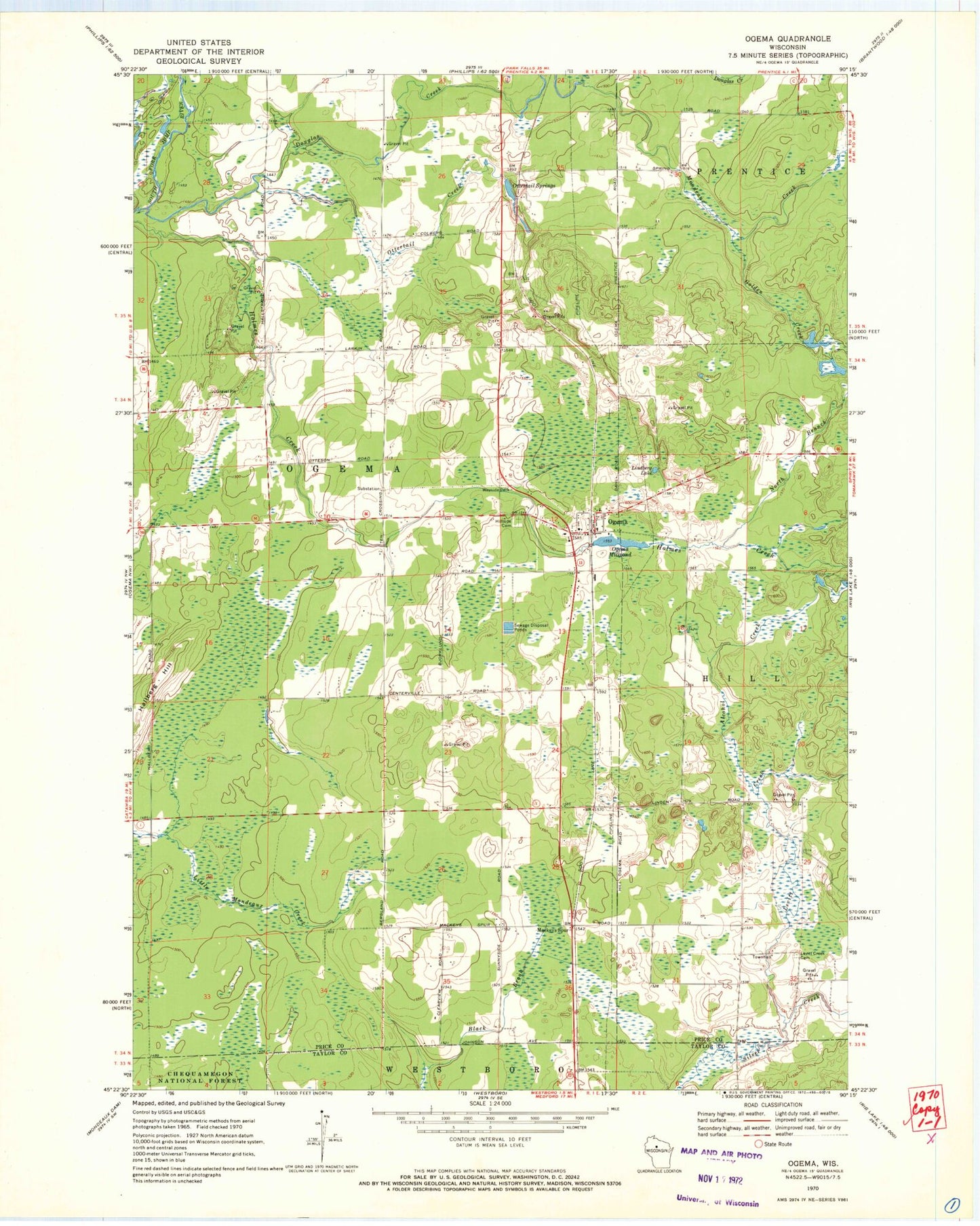 Classic USGS Ogema Wisconsin 7.5'x7.5' Topo Map Image
