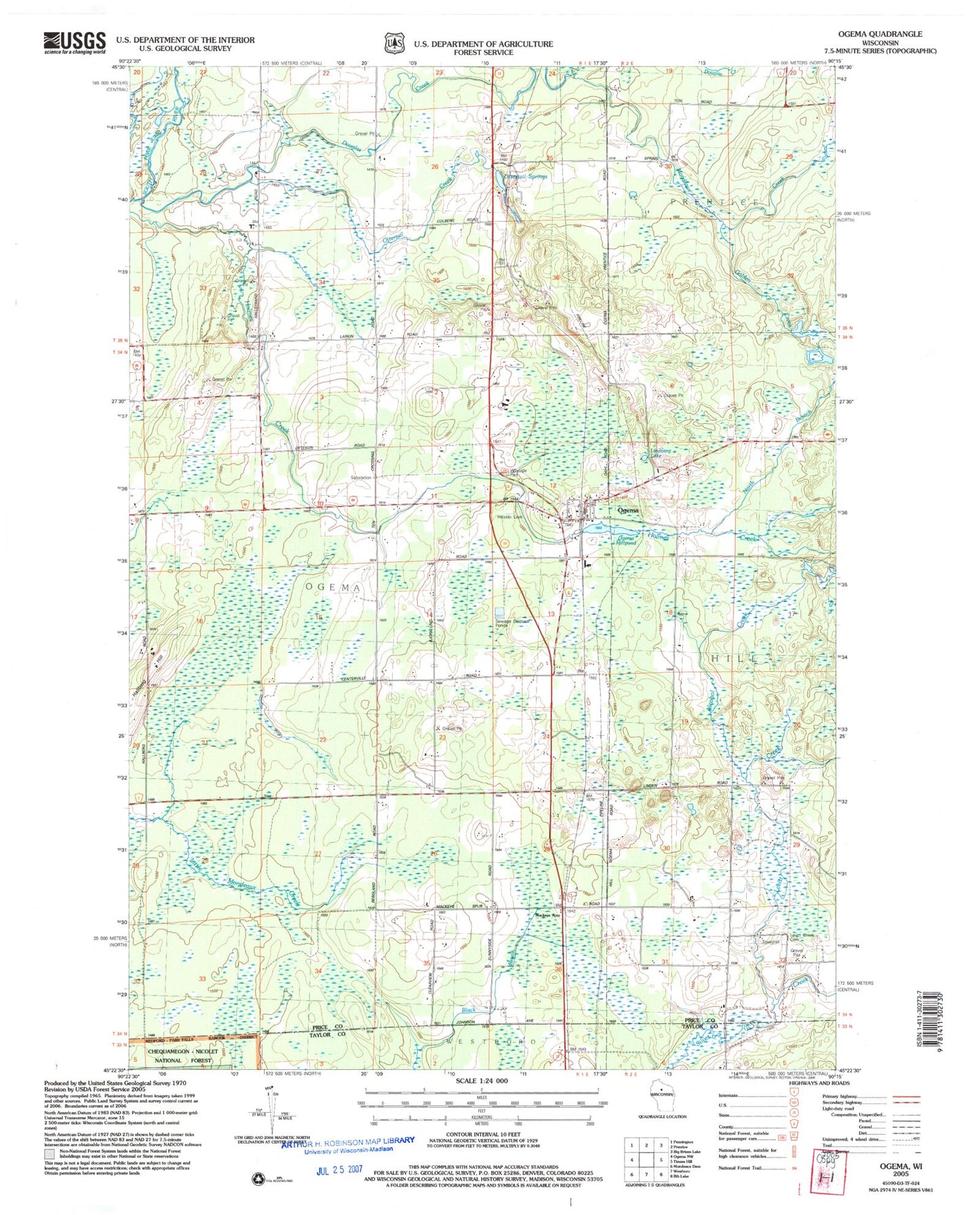 Classic USGS Ogema Wisconsin 7.5'x7.5' Topo Map Image