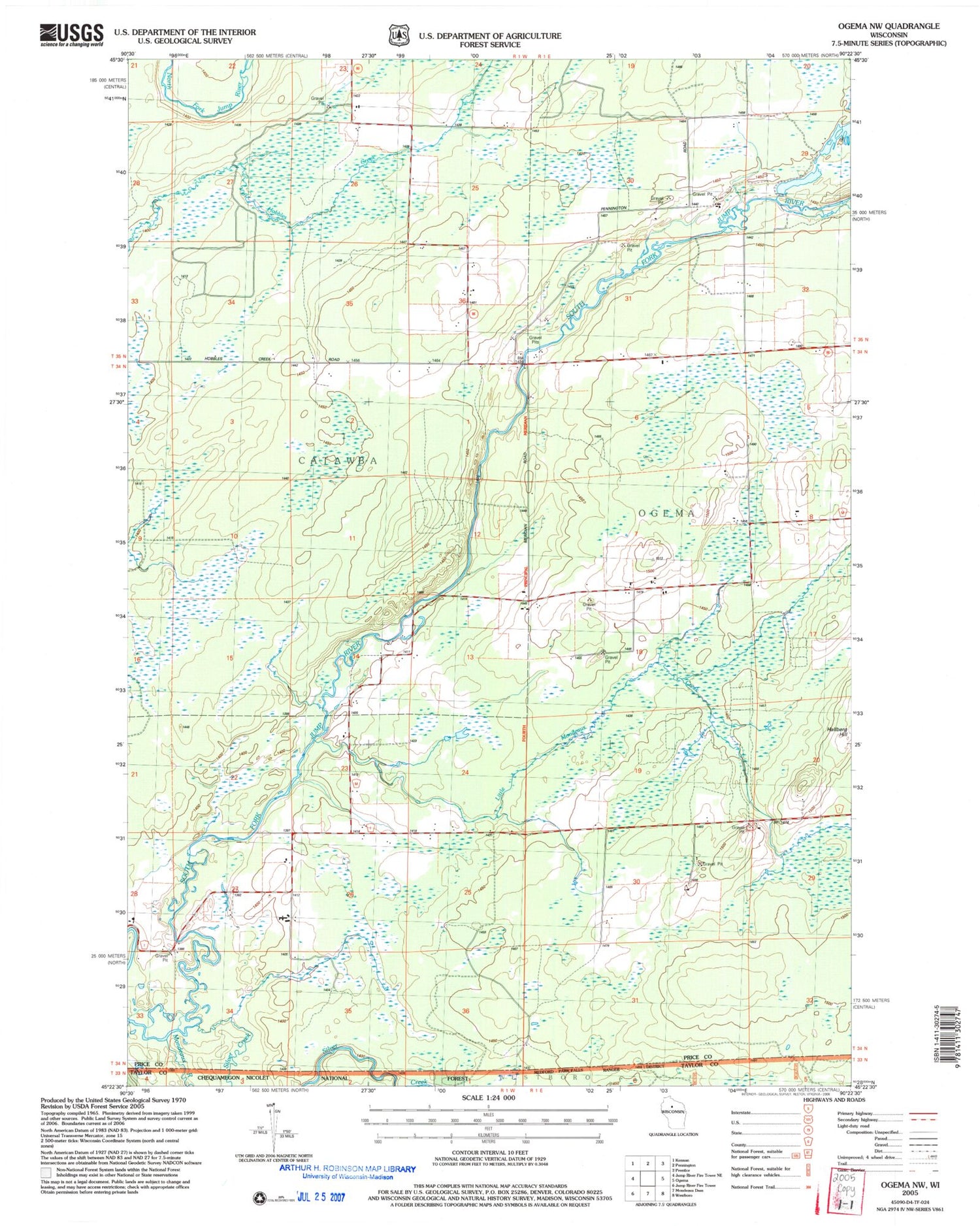 Classic USGS Ogema NW Wisconsin 7.5'x7.5' Topo Map Image