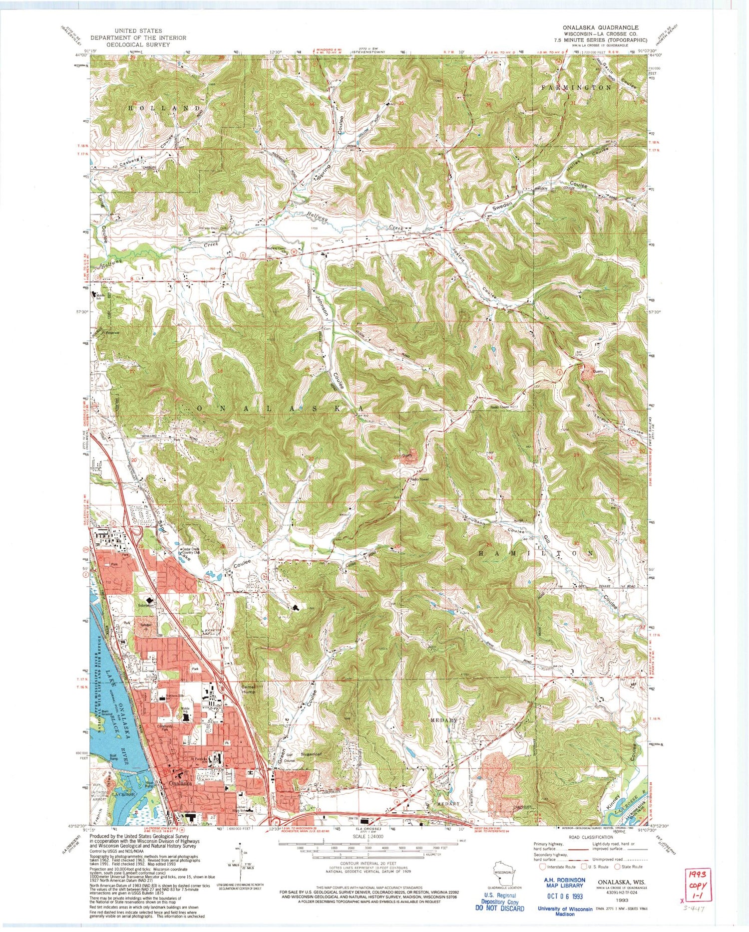 Classic USGS Onalaska Wisconsin 7.5'x7.5' Topo Map Image