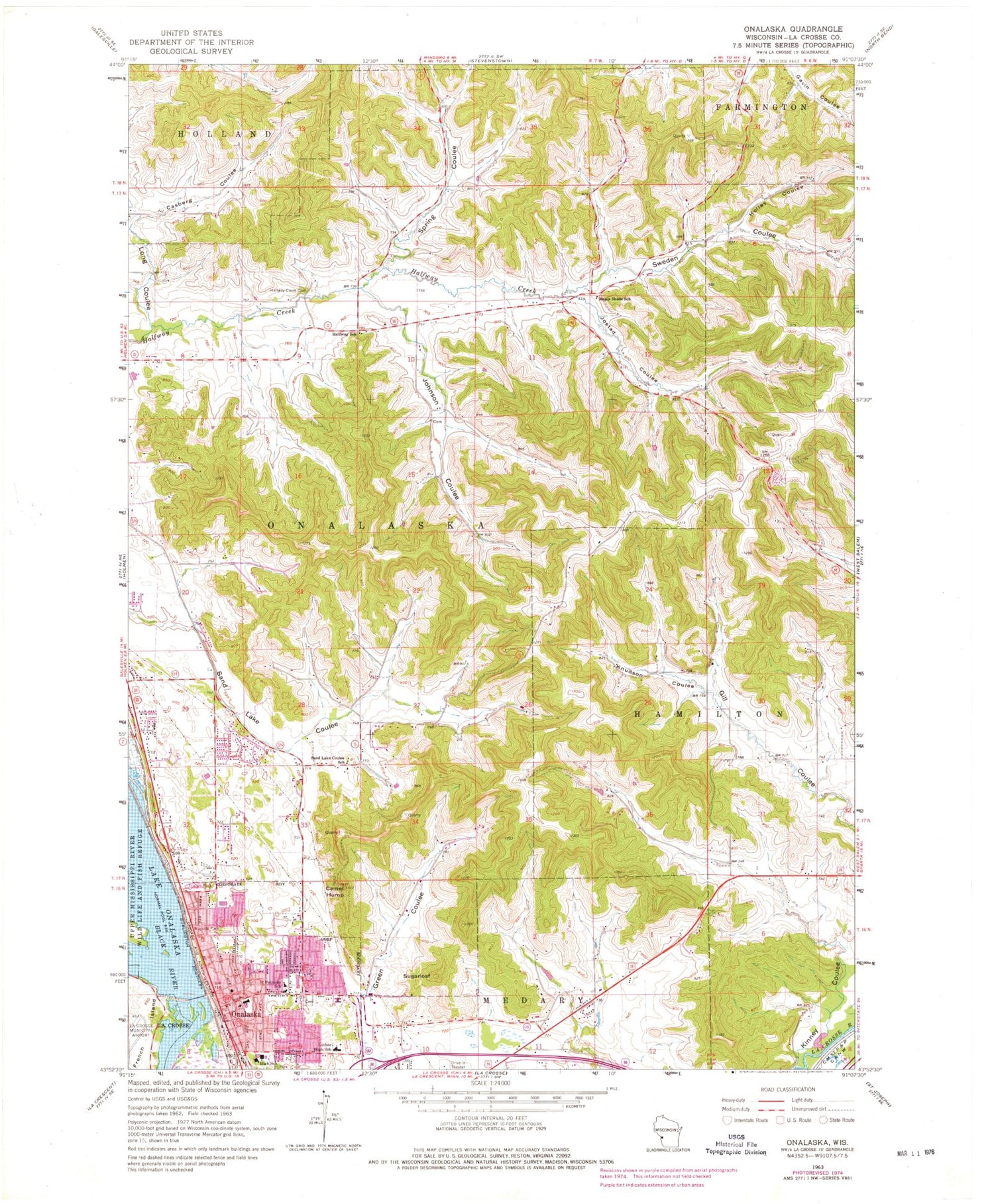 Classic USGS Onalaska Wisconsin 7.5'x7.5' Topo Map Image