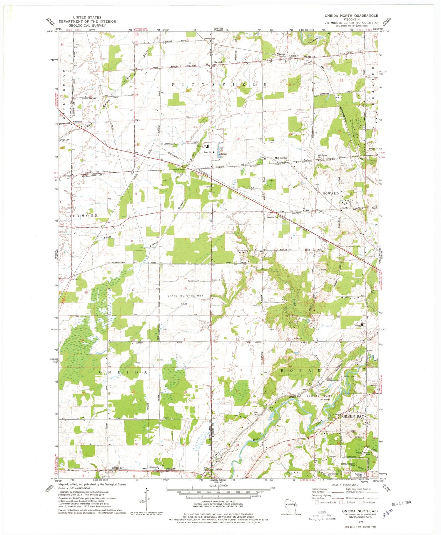 Classic USGS Oneida North Wisconsin 7.5'x7.5' Topo Map Image