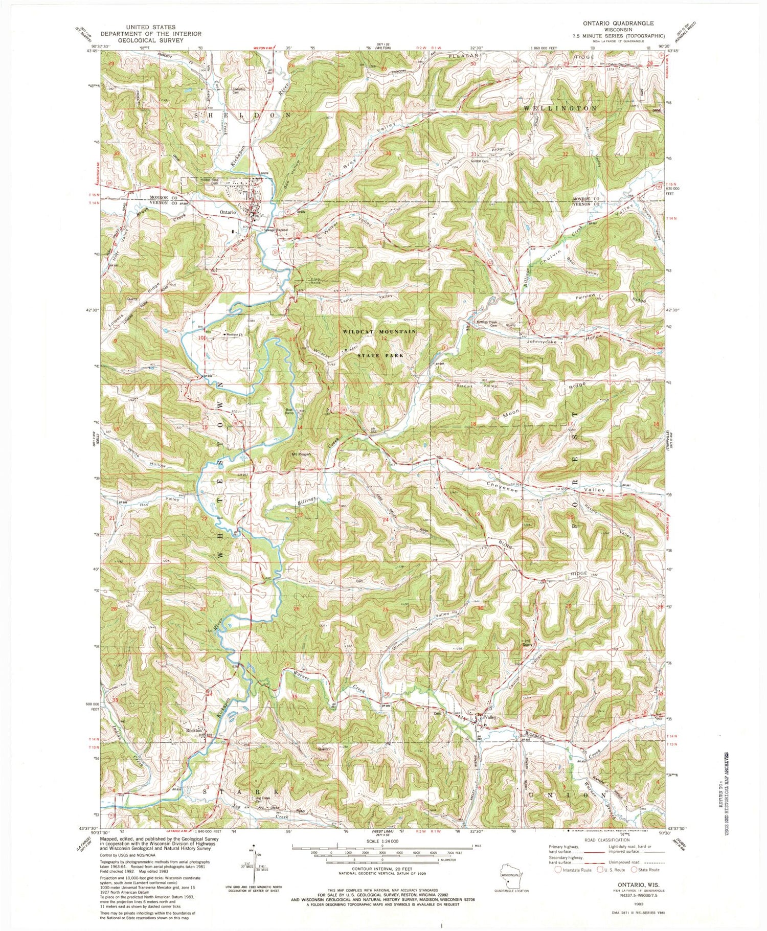 Classic USGS Ontario Wisconsin 7.5'x7.5' Topo Map Image