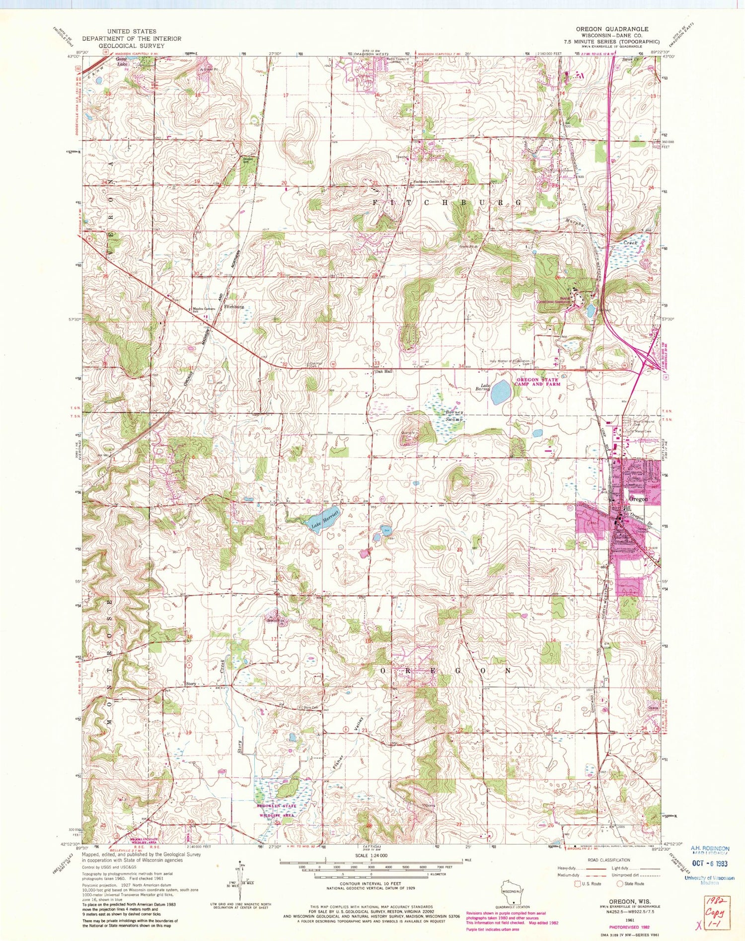 Classic USGS Oregon Wisconsin 7.5'x7.5' Topo Map Image