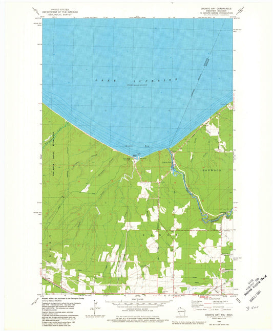 Classic USGS Oronto Bay Wisconsin 7.5'x7.5' Topo Map Image