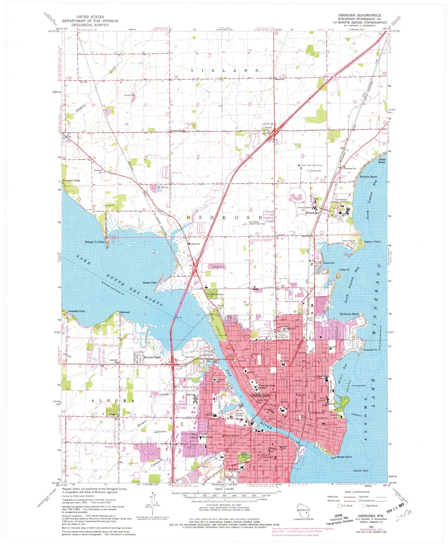 Classic USGS Oshkosh Wisconsin 7.5'x7.5' Topo Map Image