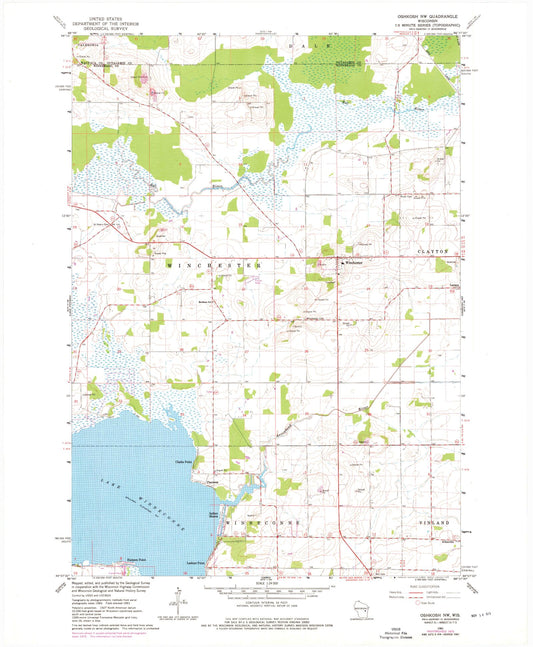 Classic USGS Oshkosh NW Wisconsin 7.5'x7.5' Topo Map Image