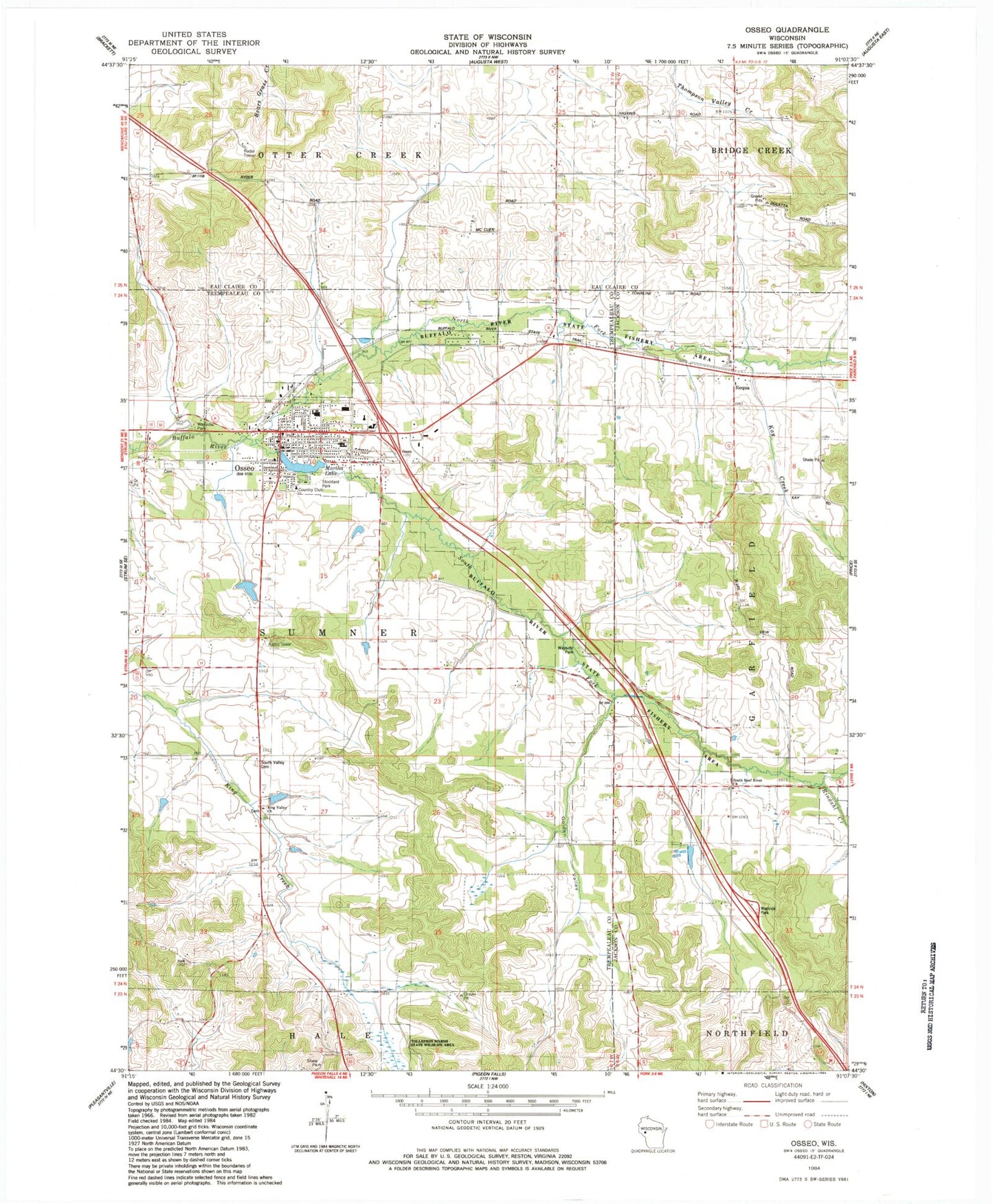 Classic USGS Osseo Wisconsin 7.5'x7.5' Topo Map Image