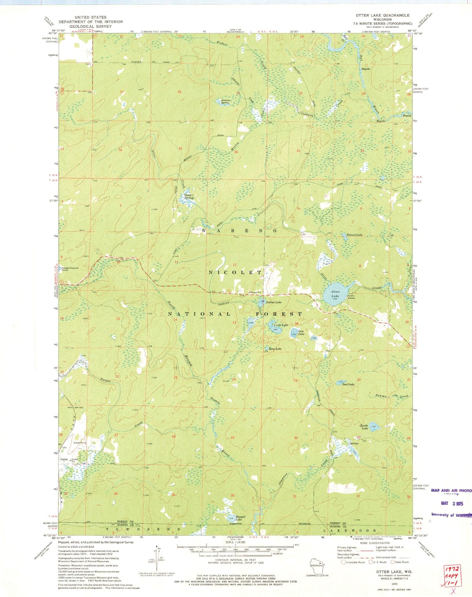 Classic USGS Otter Lake Wisconsin 7.5'x7.5' Topo Map Image