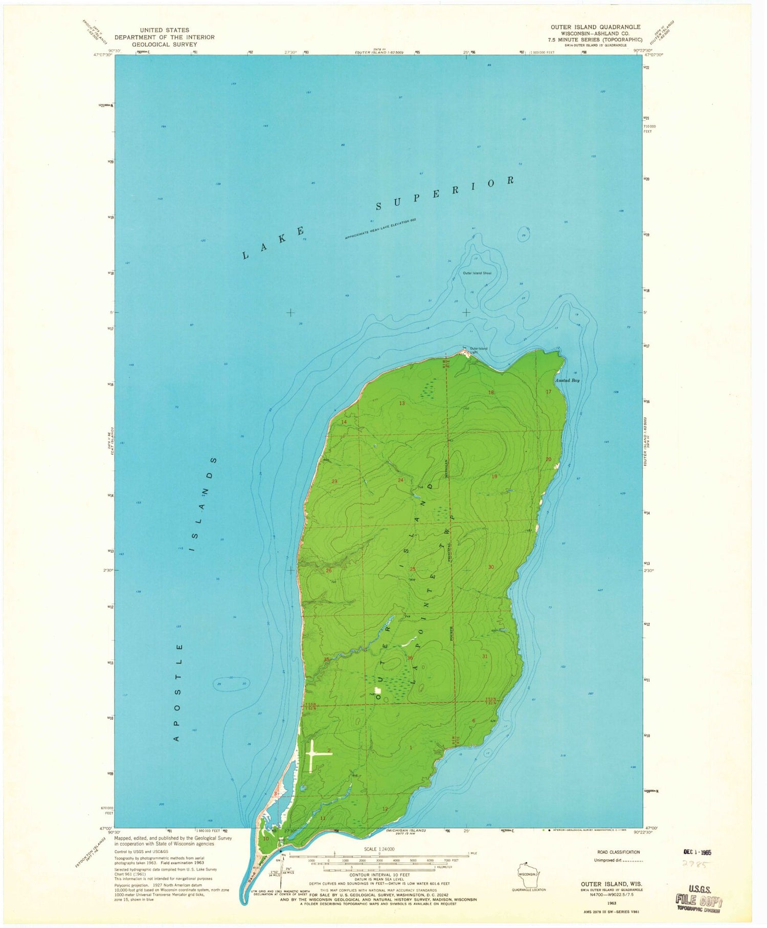 Classic USGS Outer Island Wisconsin 7.5'x7.5' Topo Map Image