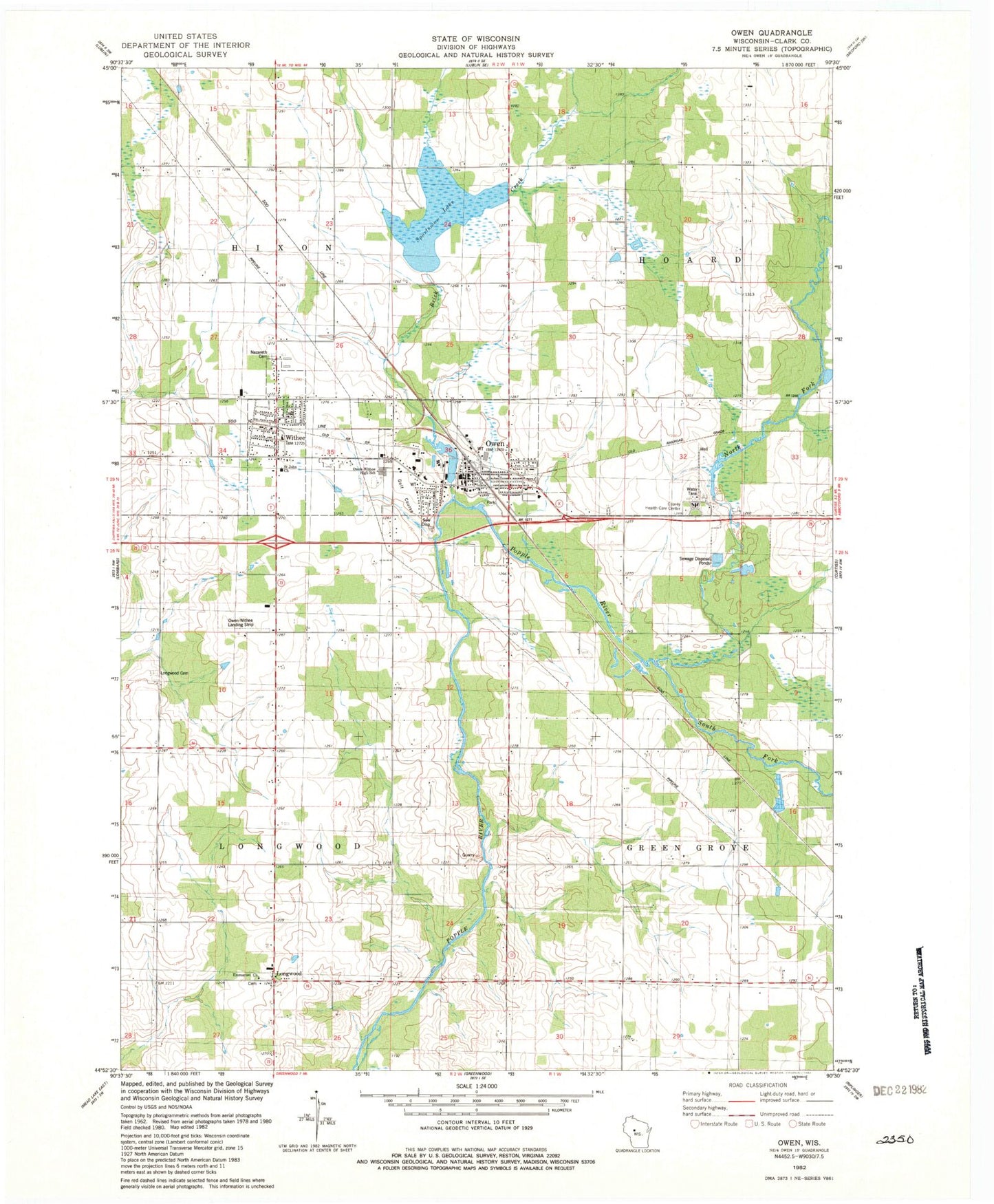 Classic USGS Owen Wisconsin 7.5'x7.5' Topo Map Image