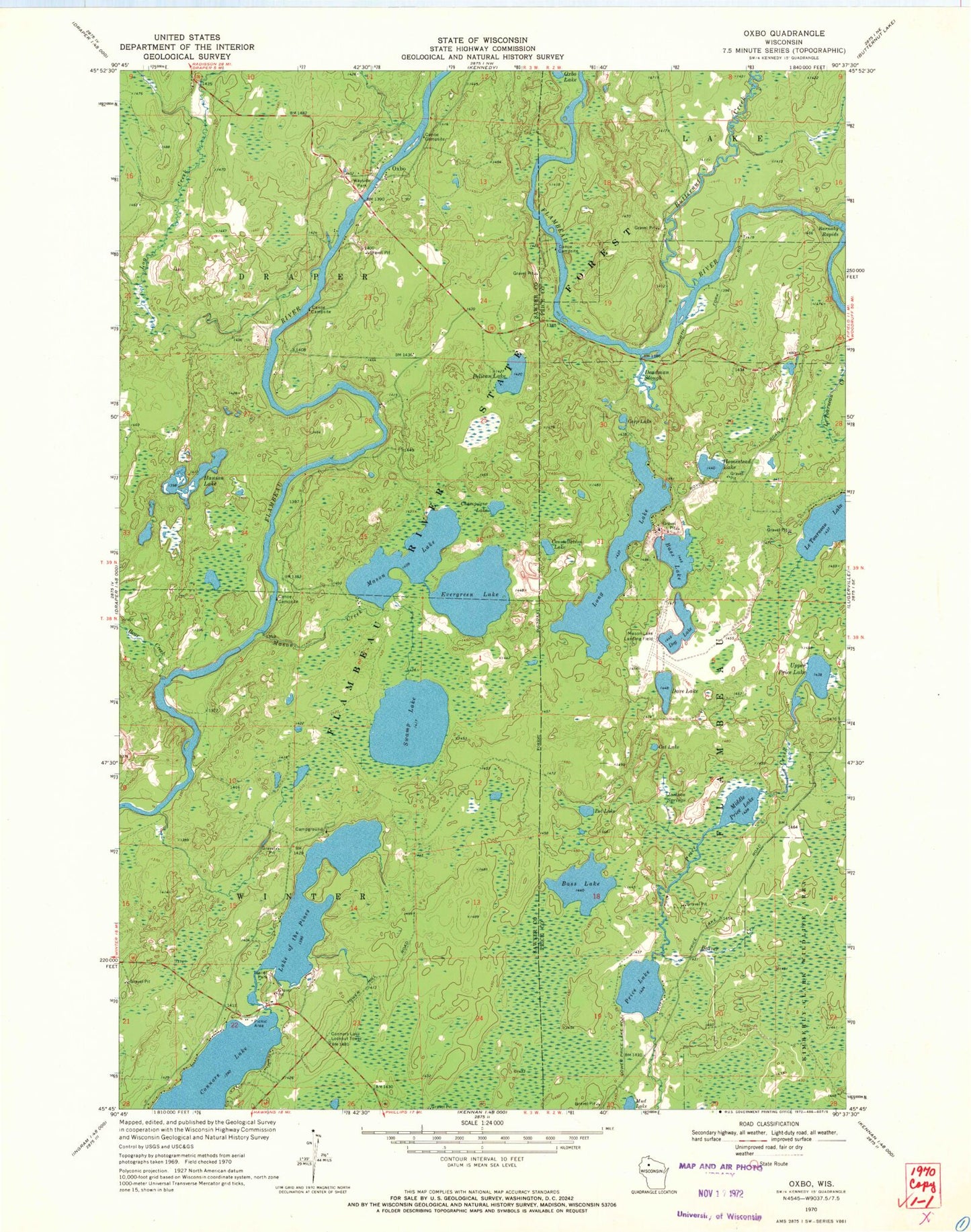Classic USGS Oxbo Wisconsin 7.5'x7.5' Topo Map Image