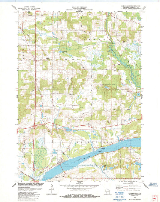 Classic USGS Packwaukee Wisconsin 7.5'x7.5' Topo Map Image