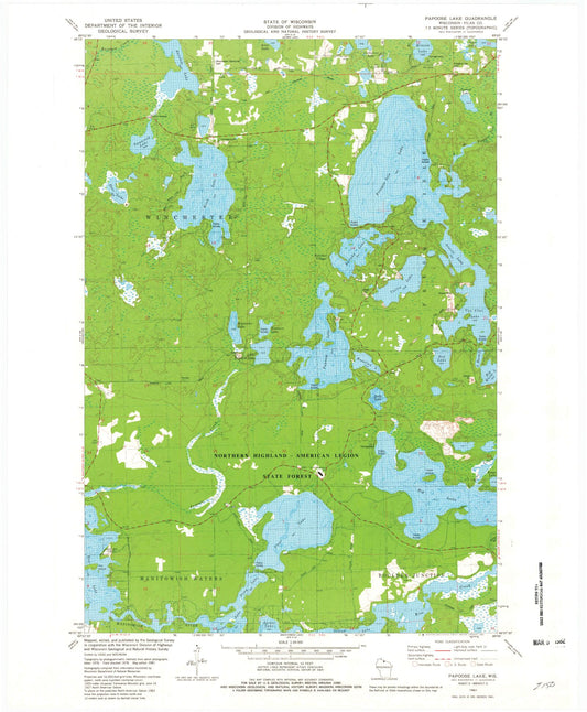 Classic USGS Papoose Lake Wisconsin 7.5'x7.5' Topo Map Image